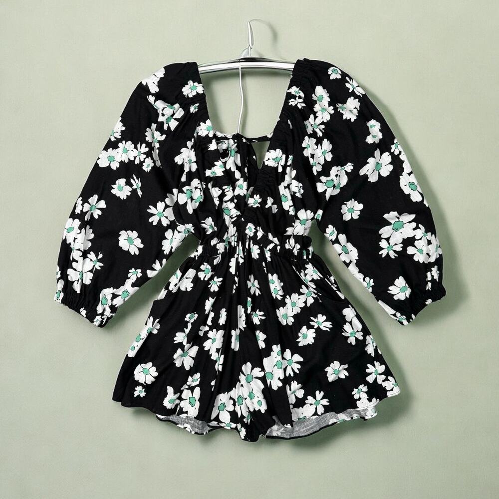 Topshop Floral Long Sleeve Romper Black Size S (4/6) Linen White Green Retro